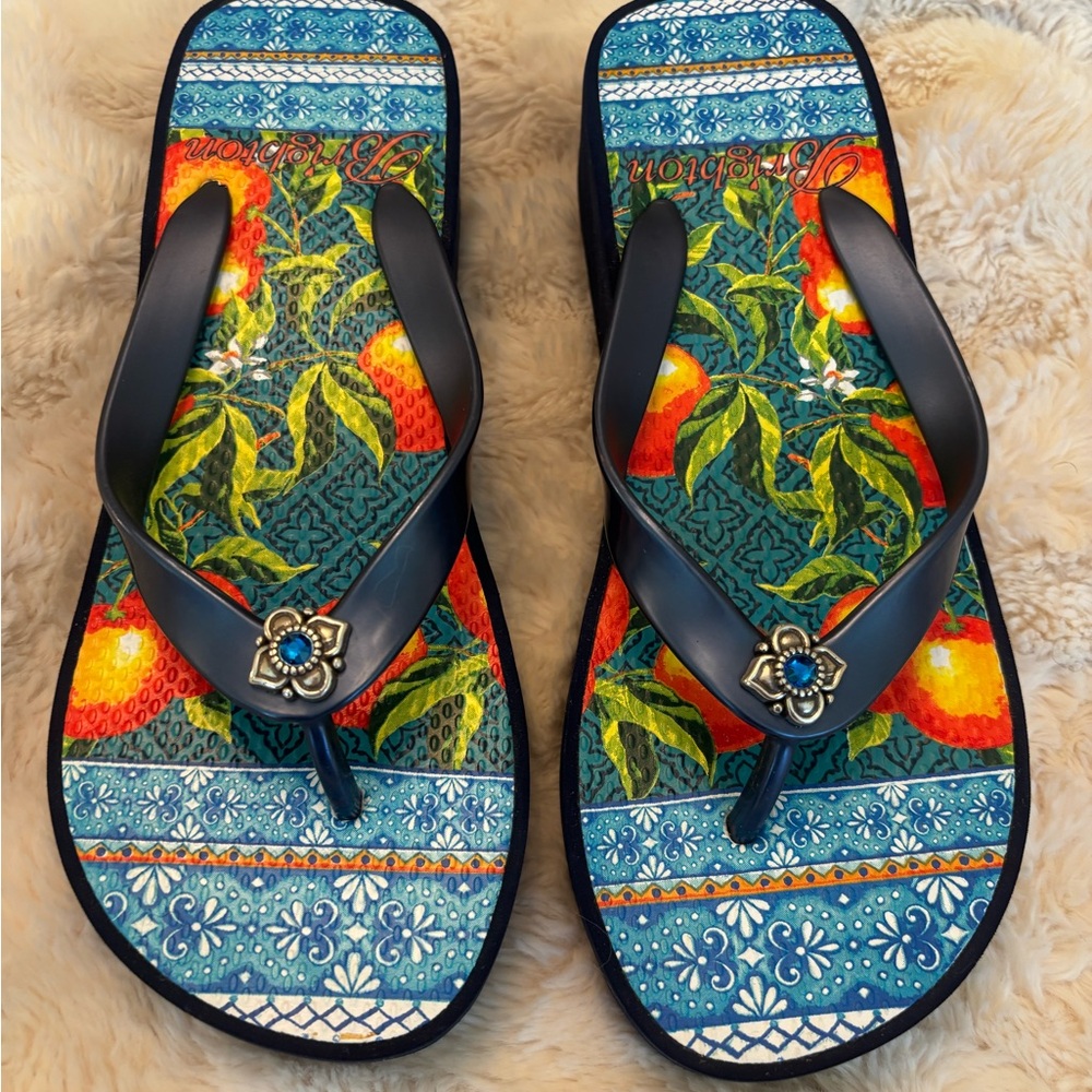 Brighton Blue & Orange Tropical Print Flip Flop Wedge Sandals